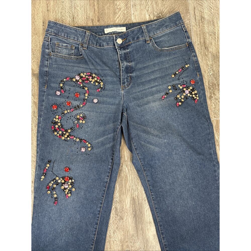 Y2K Rhinestone Embellished Jeans Mid-Rise 14 Bling Floral Sparkle Boho Festival - Picture 2 of 13